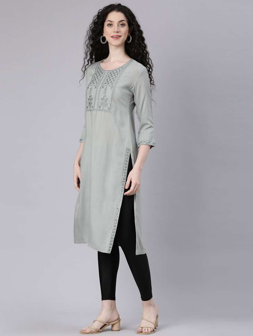 women embroidered three quarter sleeve straight kurta - 21728044 -  Standard Image - 3