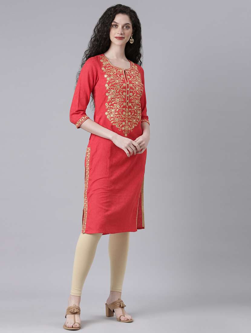 women embroidered three quarter sleeve straight kurta - 21728047 - Standard Image - 3