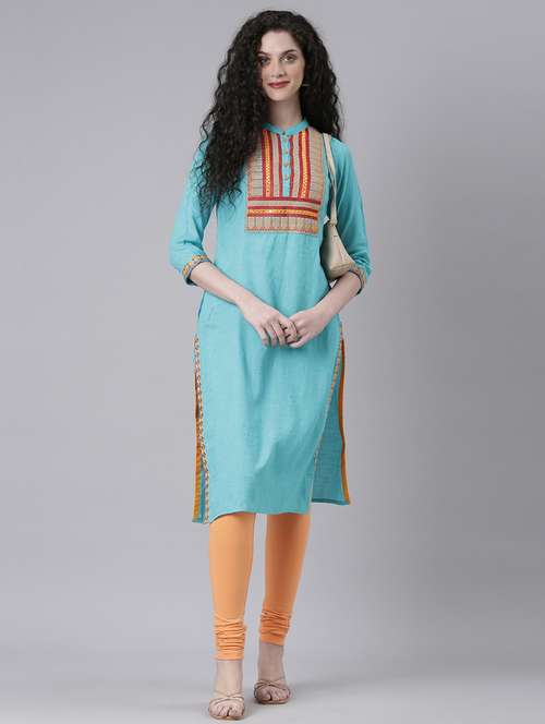 women embroidered three quarter sleeve straight kurta - 21728048 -  Standard Image - 0