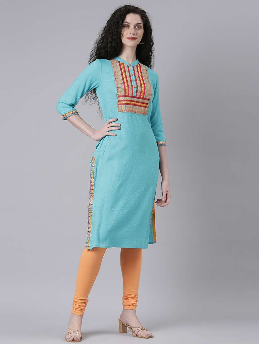 women embroidered three quarter sleeve straight kurta - 21728048 -  Standard Image - 3