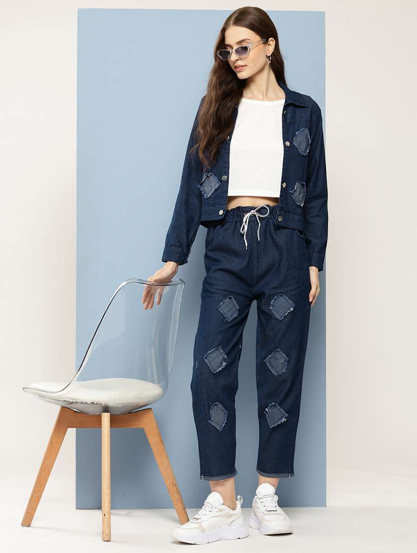 wome crop top and patched jacket with jeans - 21728105 - Zoom Image - 0