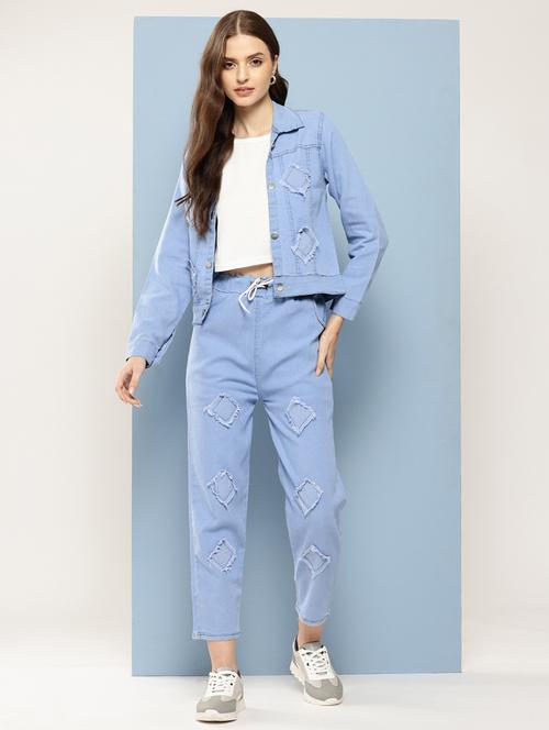 women solid crop top and jacket with jeans - 21728106 - Standard Image - 0