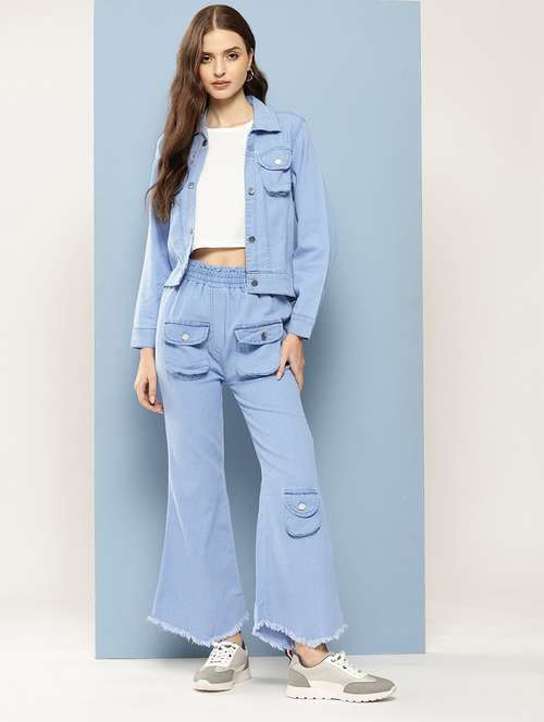 women solid crop top and jacket with jeans  - 21728108 -  Standard Image - 0