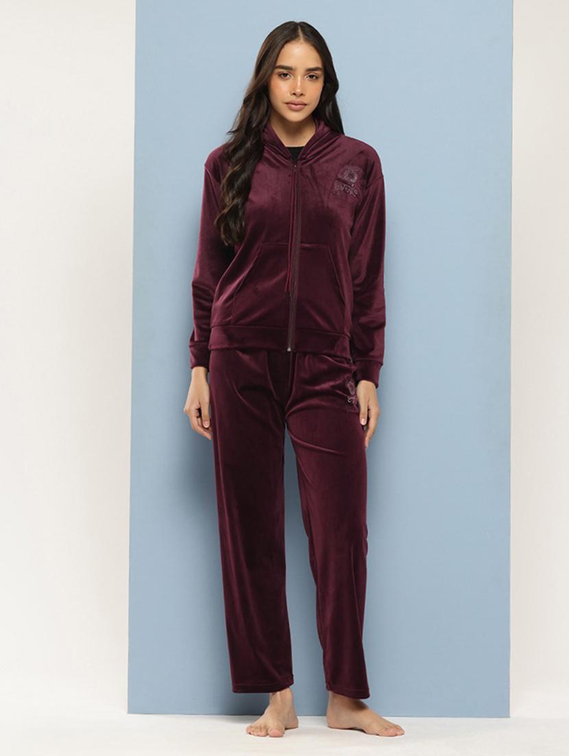 women solid hooded nightwear pyjama set