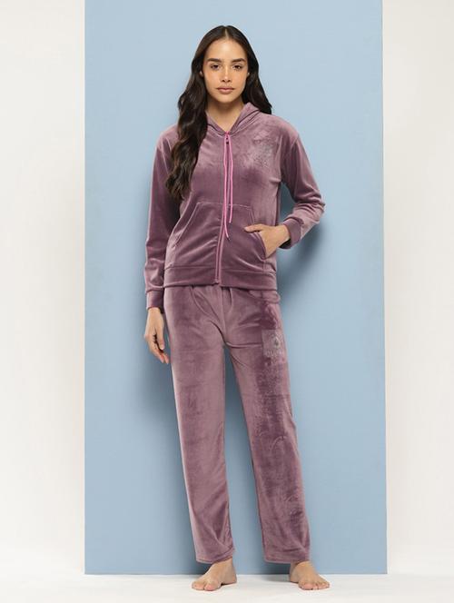women solid hooded nightwear pyjama set - 21728122 - Standard Image - 0