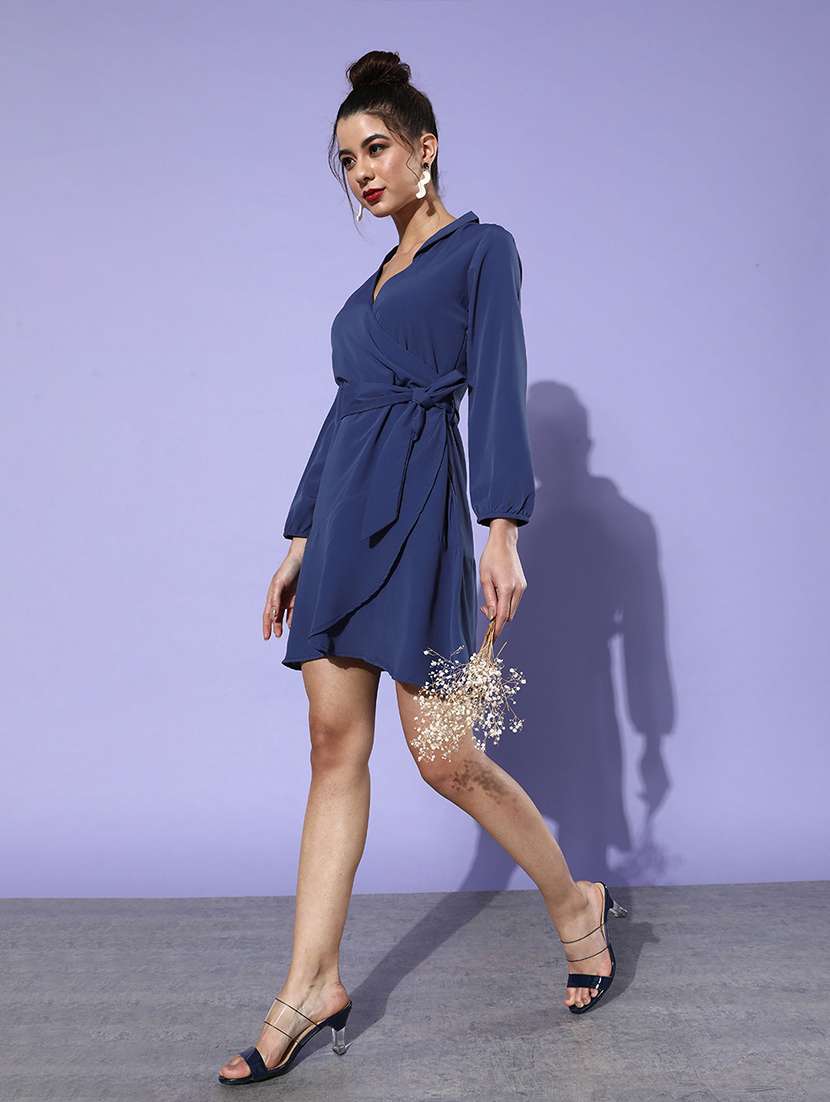 women solid puff sleeves wrap dress