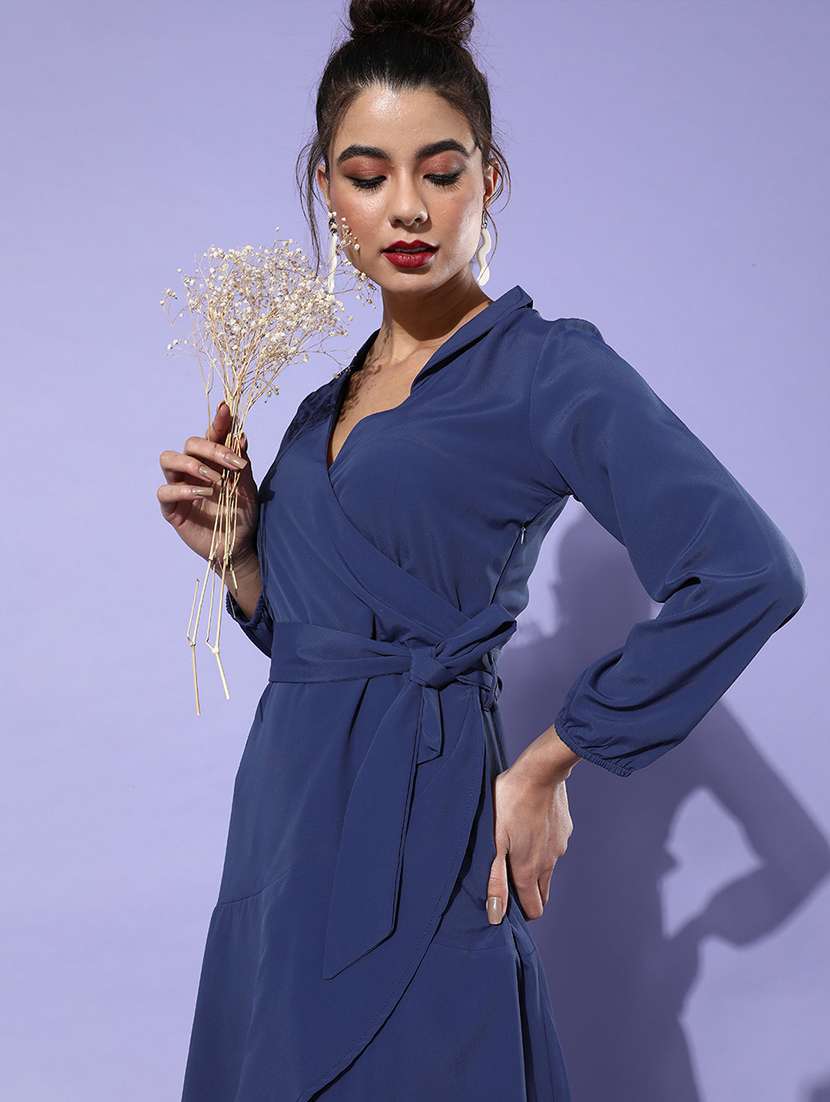 women solid puff sleeves wrap dress - 21728186 -  Standard Image - 3