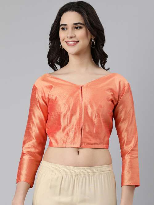 women peach solid v neck stitched blouse