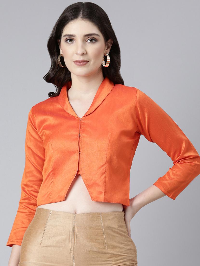 women orange solid lapel neck stitched blouse - 21728233 - Zoom Image - 0
