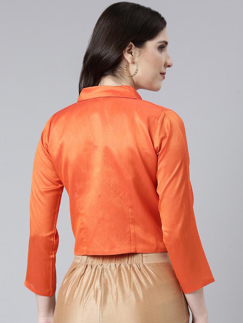 women orange solid lapel neck stitched blouse - 21728233 - Standard Image - 3