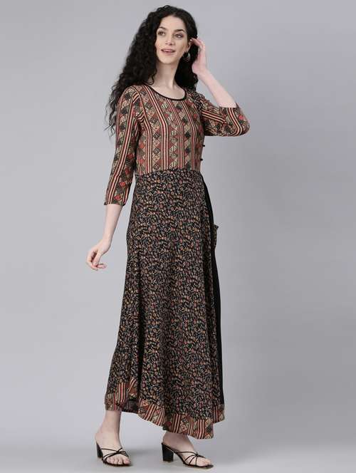 women black printed three qurater sleeve ethnic dress - 21728253 -  Standard Image - 0