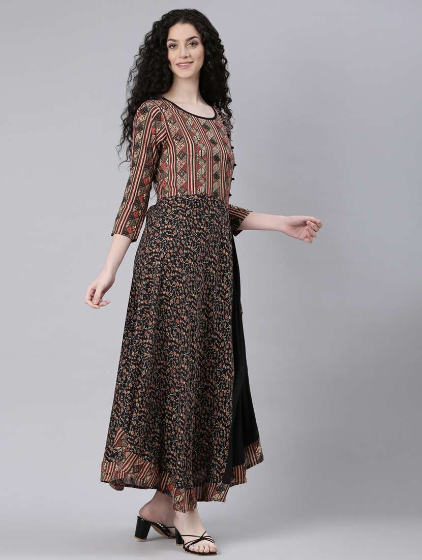 women black printed three qurater sleeve ethnic dress - 21728253 -  Standard Image - 3