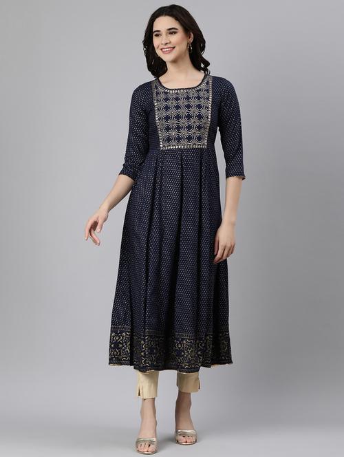women navy blue printed round neck flared kurta - 21728260 -  Standard Image - 0