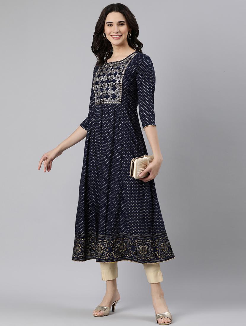 women navy blue printed round neck flared kurta - 21728260 - Standard Image - 3
