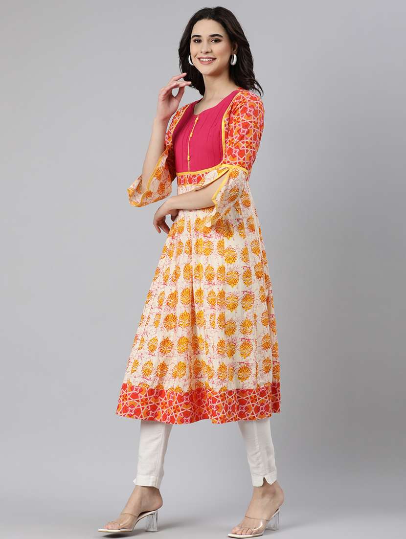 women off-white printed round neck flared kurta - 21728261 -  Standard Image - 3