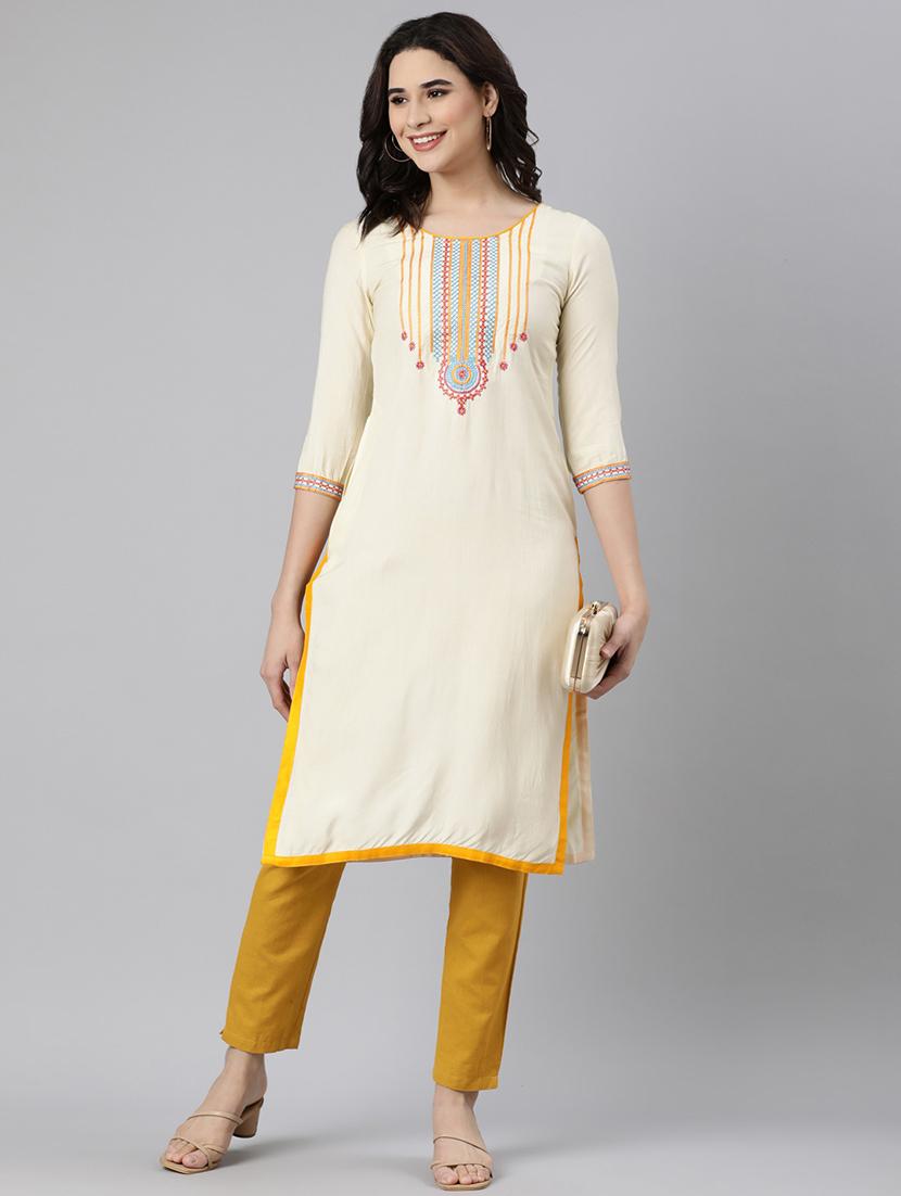 women embroidered three quarter sleeve straight kurta - 21728267 - Standard Image - 3