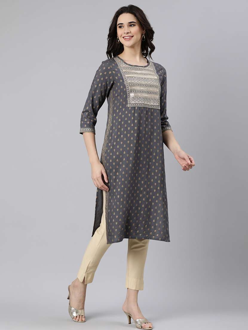 women foil print three quarter sleeve straight kurta - 21728272 - Standard Image - 3