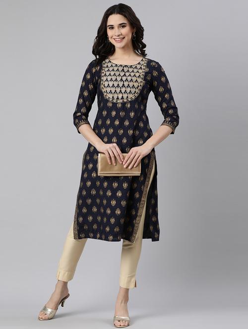 women foli print three quarter sleeve straight kurta - 21728275 -  Standard Image - 0