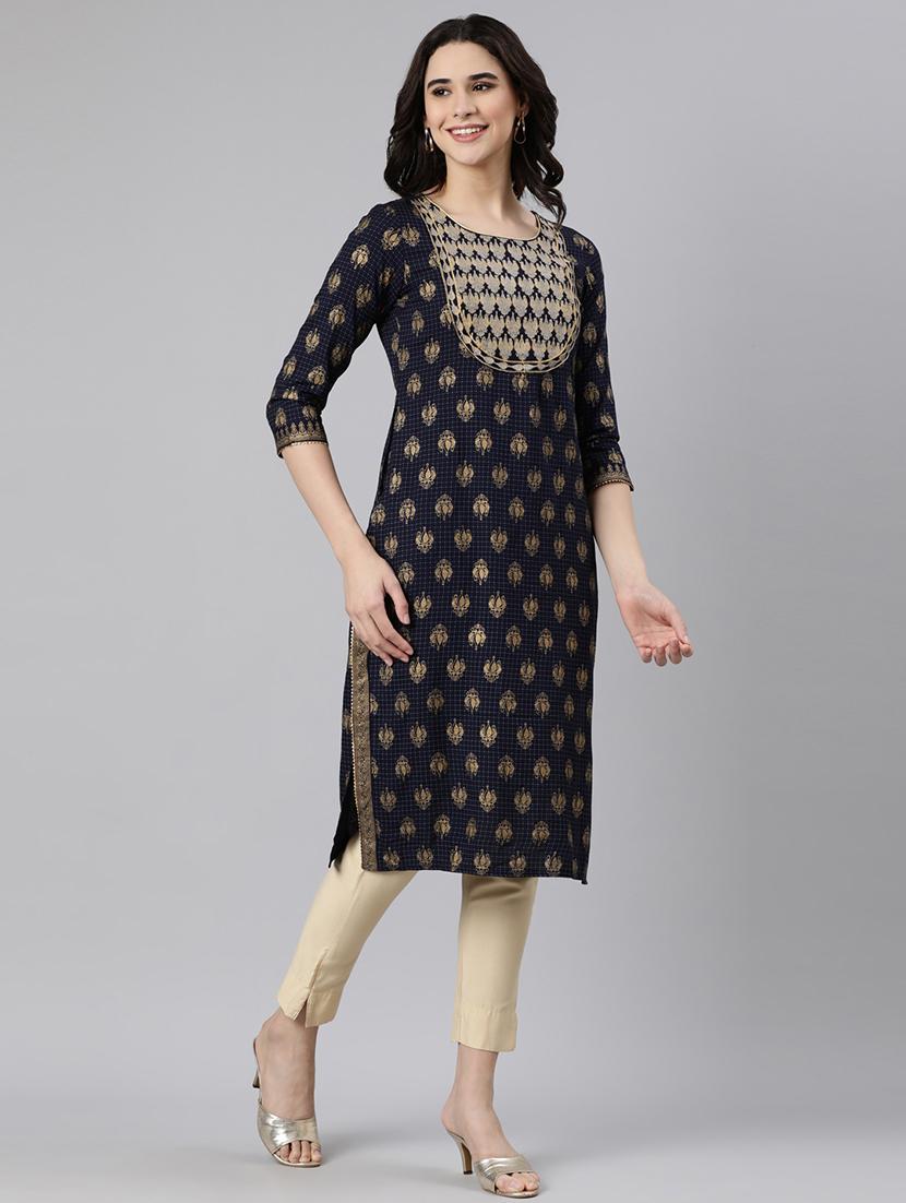 women foli print three quarter sleeve straight kurta - 21728275 - Standard Image - 3