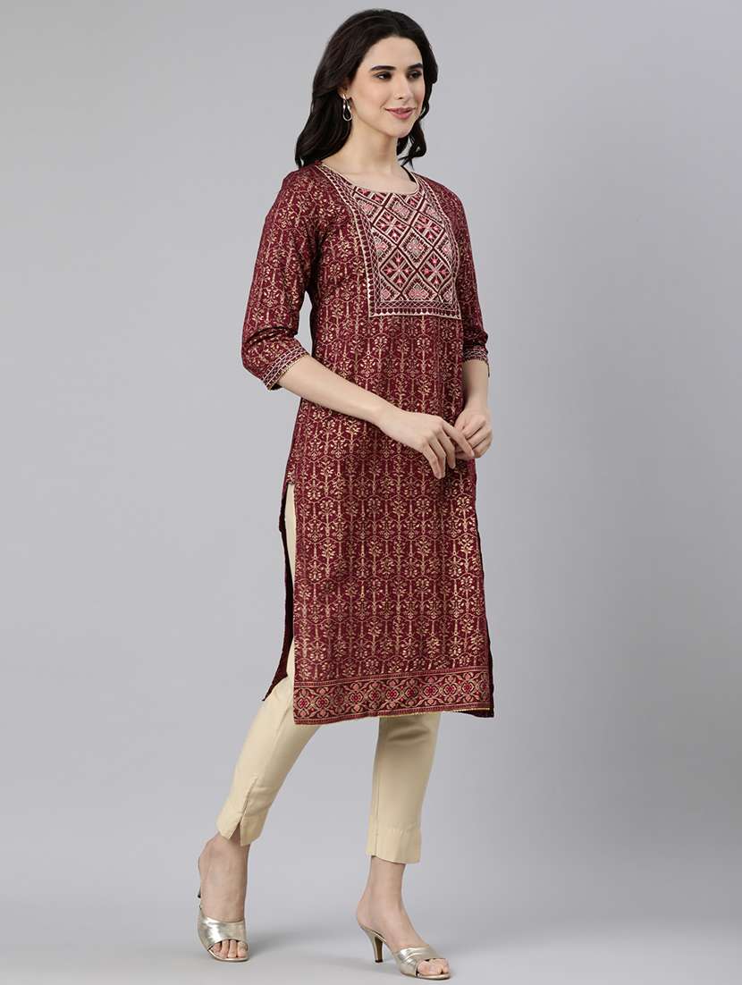 women foil print three quarter sleeve straight kurta - 21728276 - Standard Image - 3