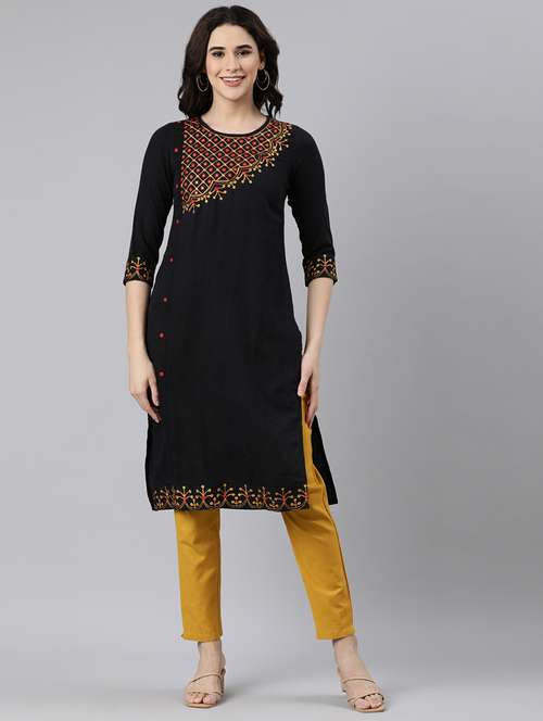 women mirror work three quarter sleeve straight kurta - 21728277 - Standard Image - 0