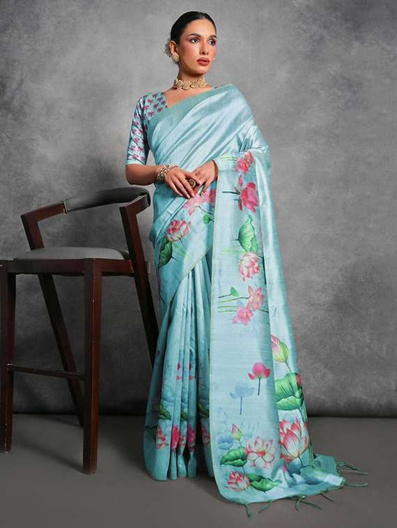 women light blue floral printed saree with blouse