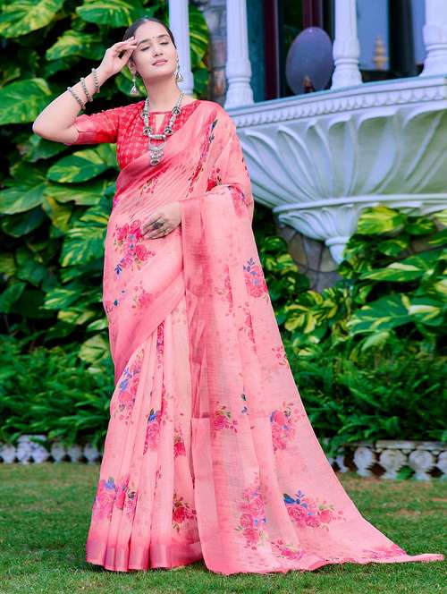 women peach floral printed saree with blouse - 21728353 -  Standard Image - 0