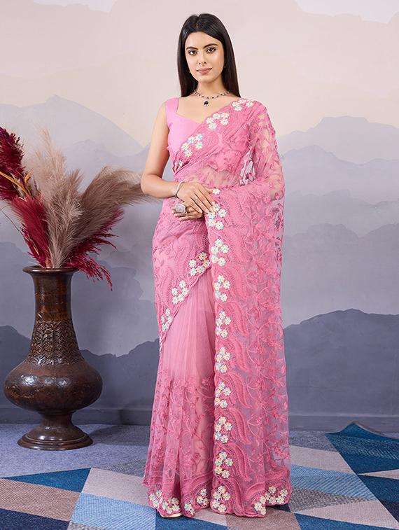 women pink embroidered saree with blouse - 21728402 - Zoom Image - 0