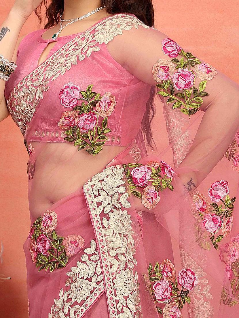 women pink embroidered saree with blouse - 21728405 - Standard Image - 3