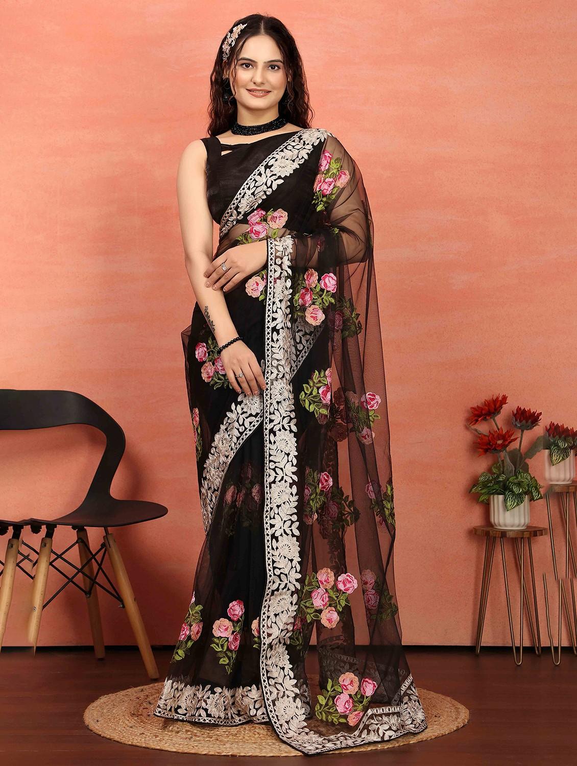 women black embroidered saree with blouse - 21728408 - Zoom Image - 0