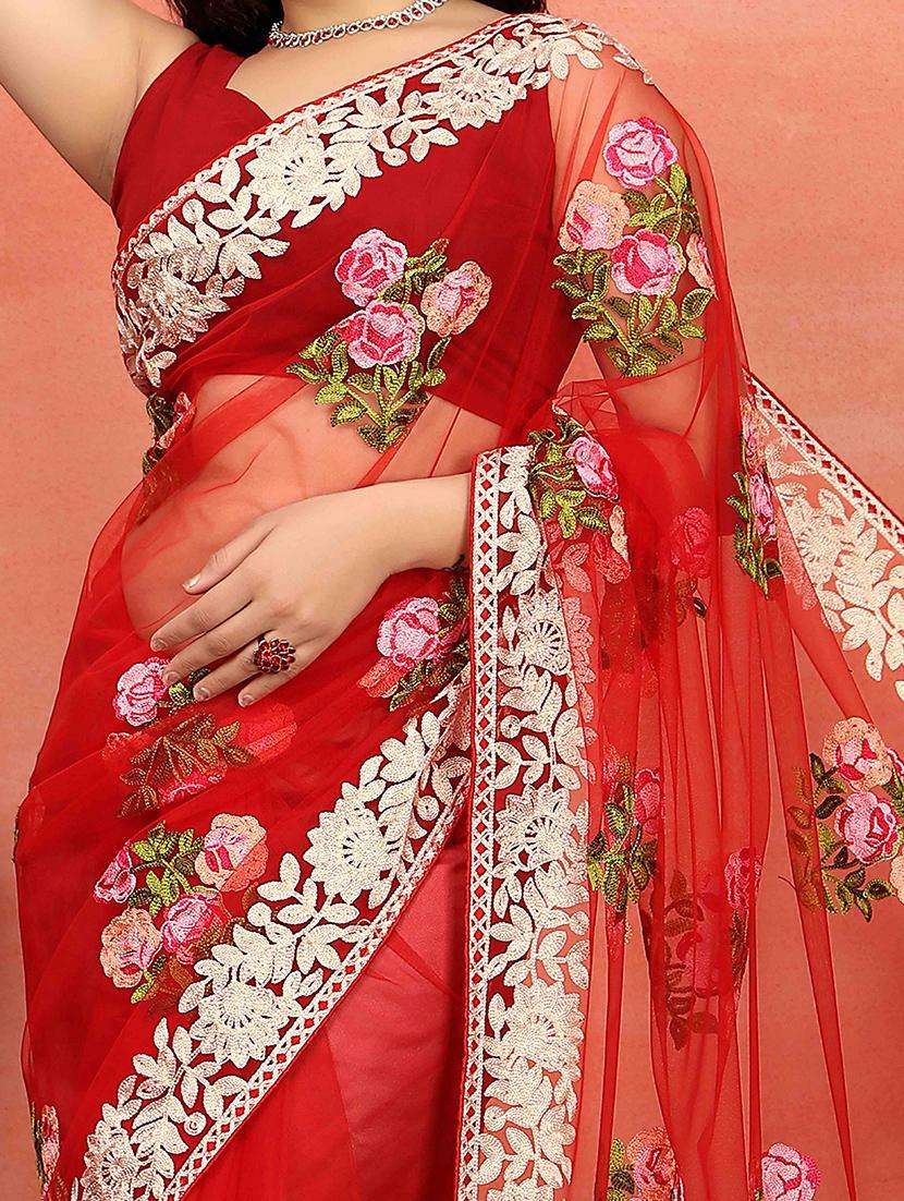 women red embroidered saree with blouse - 21728409 -  Standard Image - 3