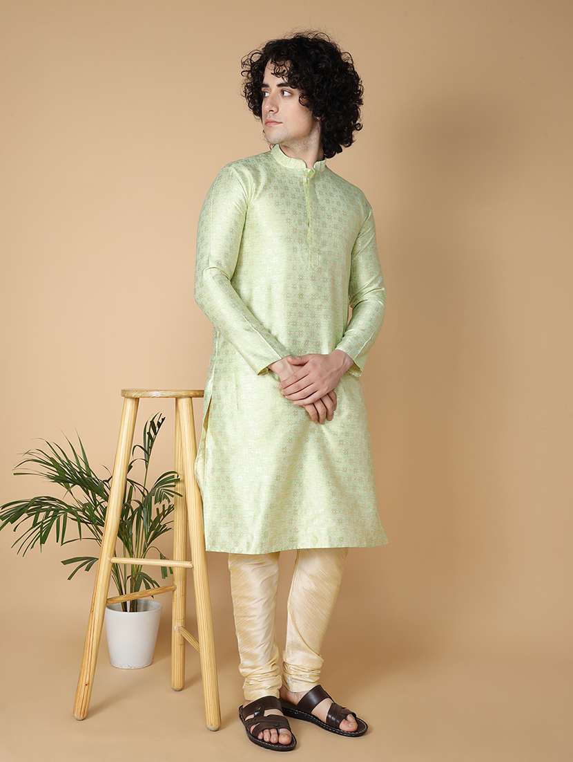 men mandarin neck self design kurta churidar set