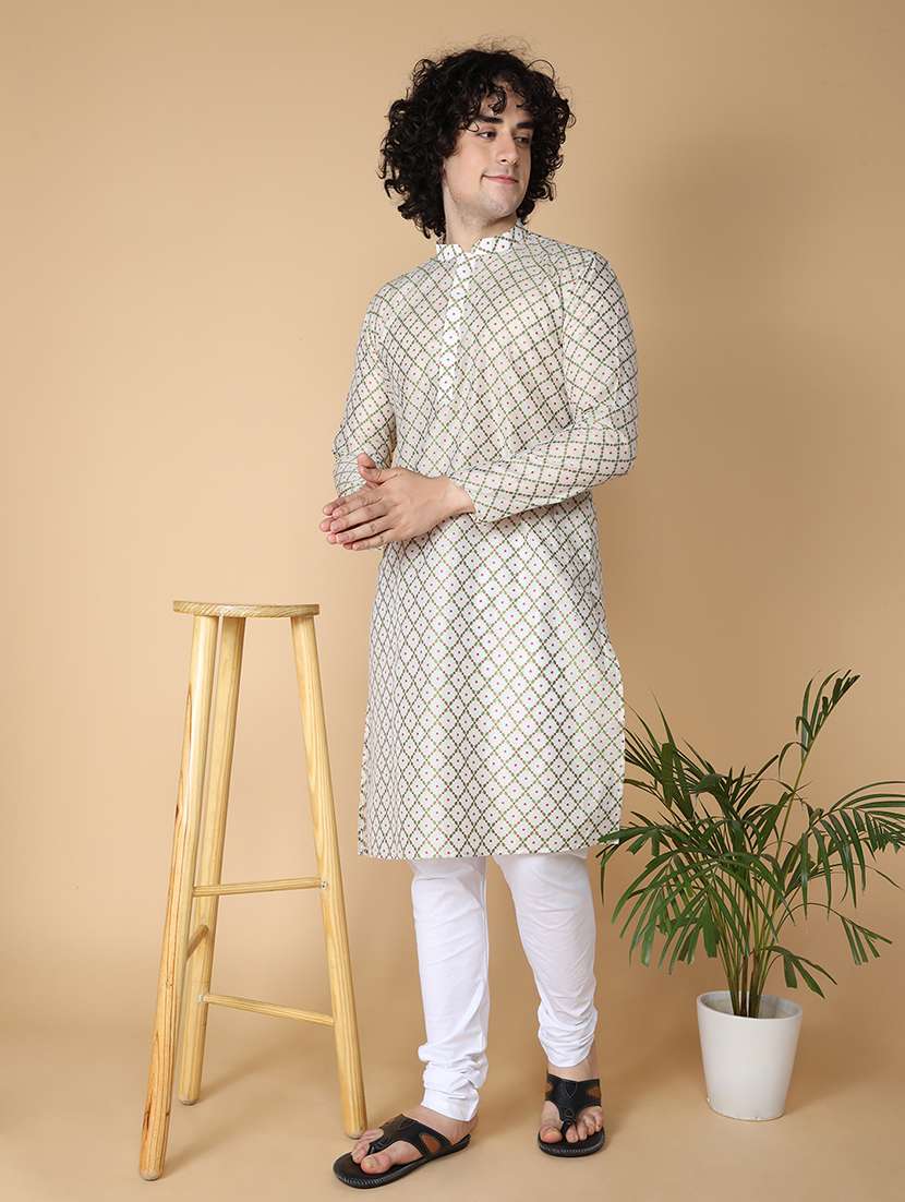 men mandarin neck self design kurta churidar set