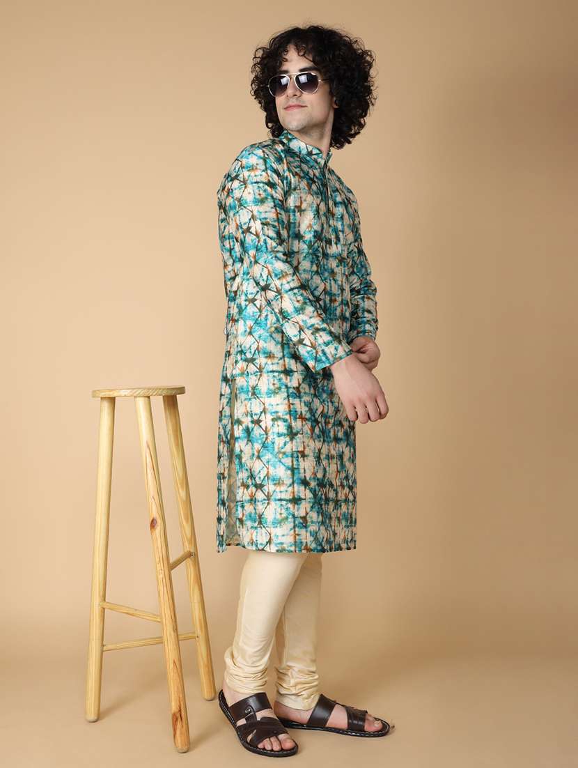 men mandarin neck printed kurta churidar set - 21728549 - Zoom Image - 0