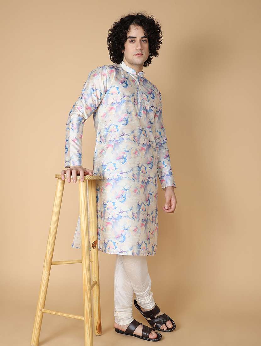 men mandarin neck printed kurta churidar set