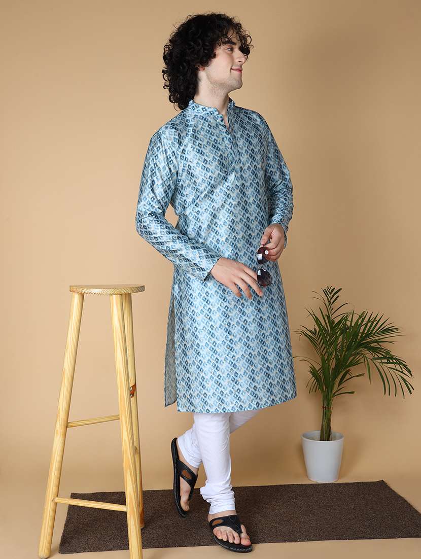 men mandarin neck printed kurta churidar set