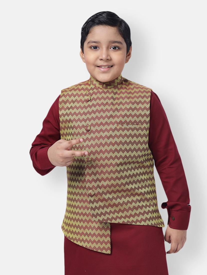 boys maroon chevron sleeveless nehru jacket - 21728769 - Zoom Image - 0