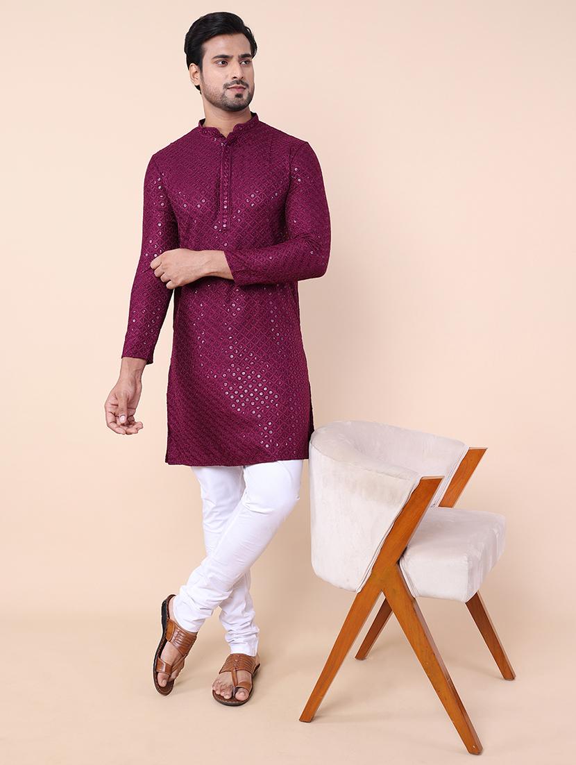 men mandarin neck mirror work kurta - 21728790 - Zoom Image - 0