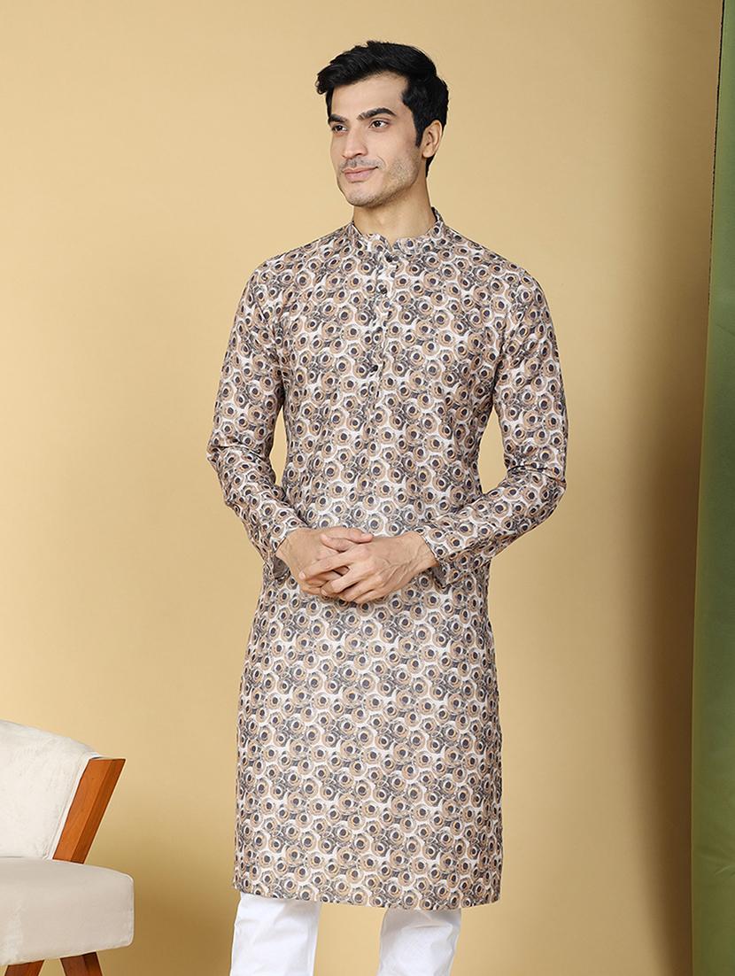 men printed mandarin neck long kurta - 21728799 - Standard Image - 3