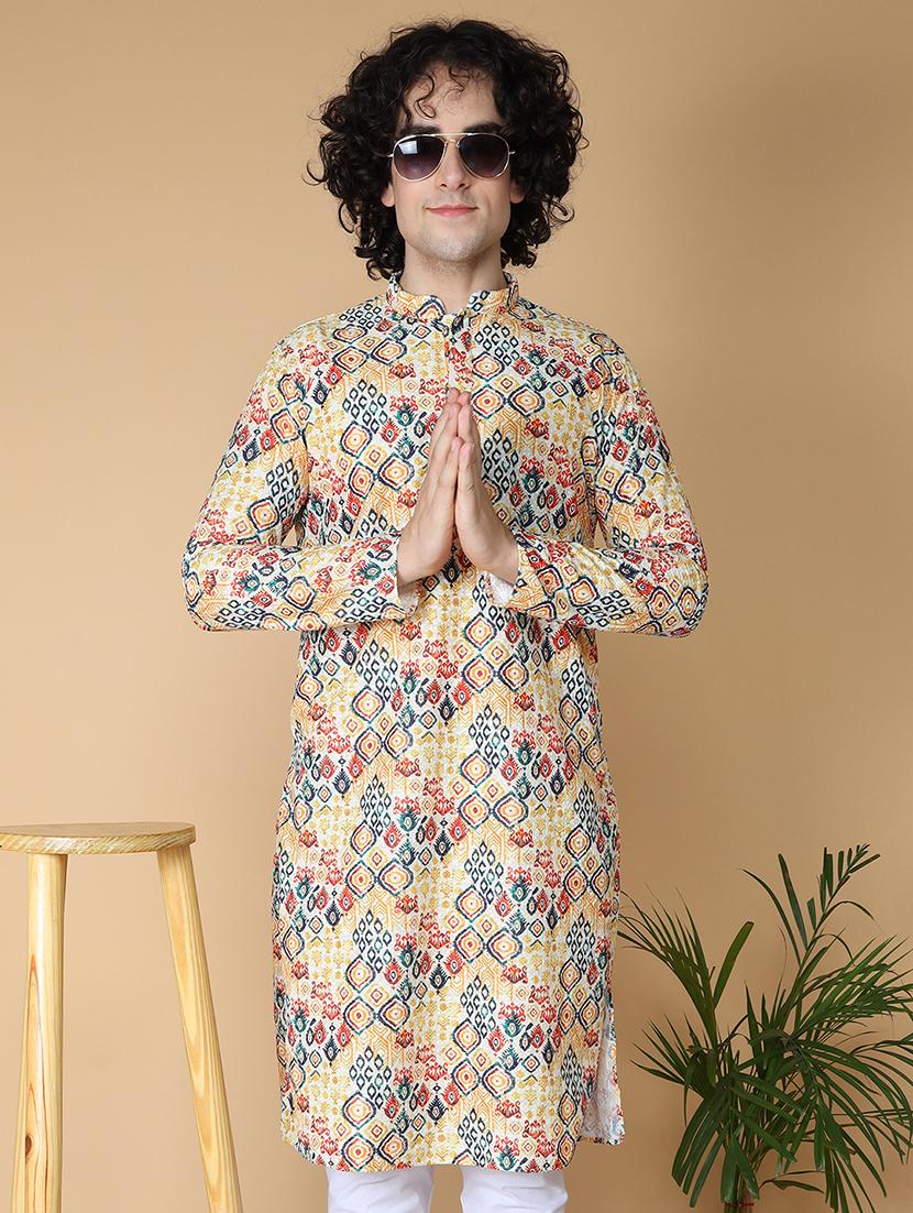 men printed mandarin neck long kurta - 21728831 - Standard Image - 3