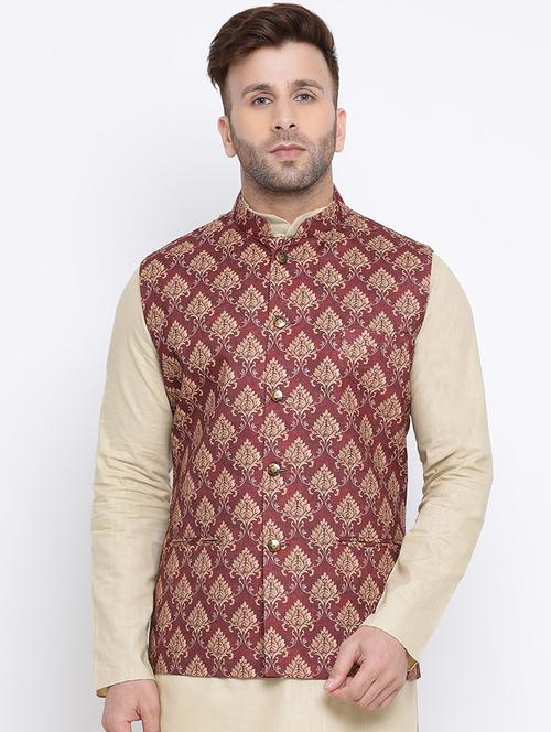 men printed sleeveless nehru jacket - 21729103 - Standard Image - 0