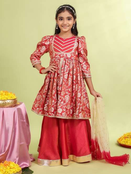 girls red self design lehenga choli with dupatta