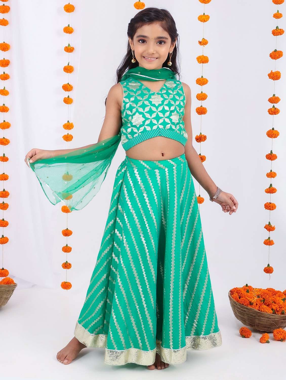 girls green self design lehenga choli with dupatta