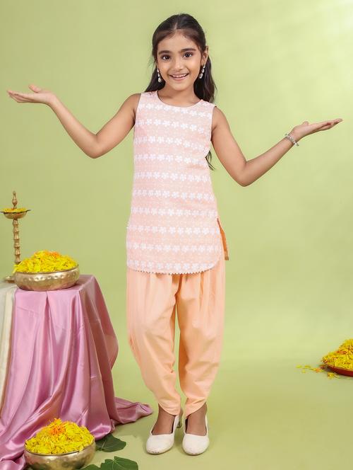girls peach embroidered dhoti kurta set - 21729423 - Standard Image - 0