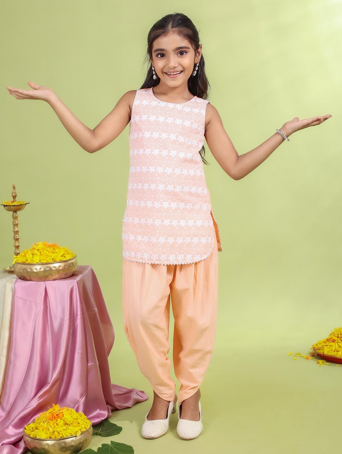 girls peach embroidered dhoti kurta set - 21729423 - Zoom Image - 0
