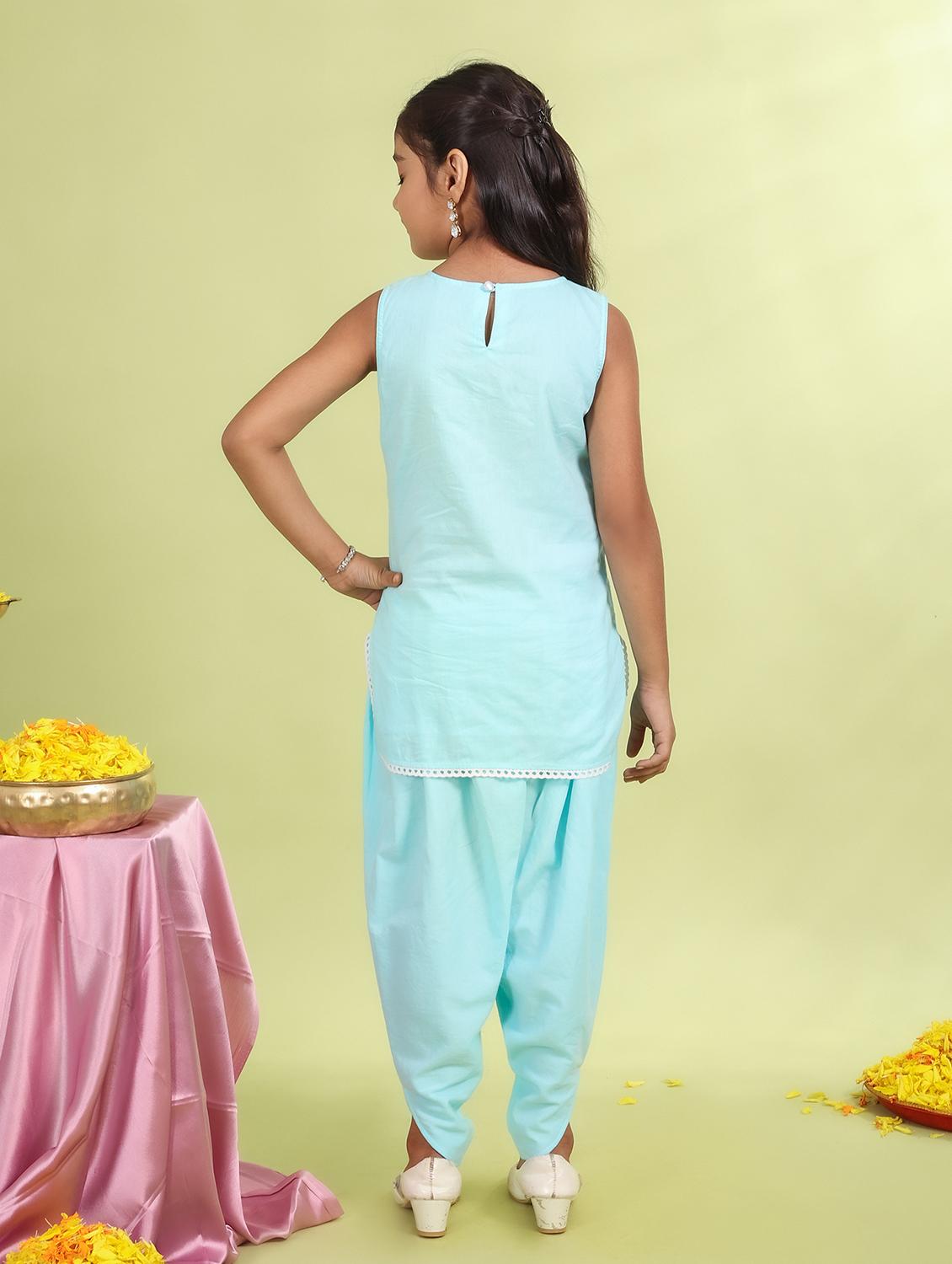 girls light blue printed round neck dhoti kurta set - 21729424 - Standard Image - 3