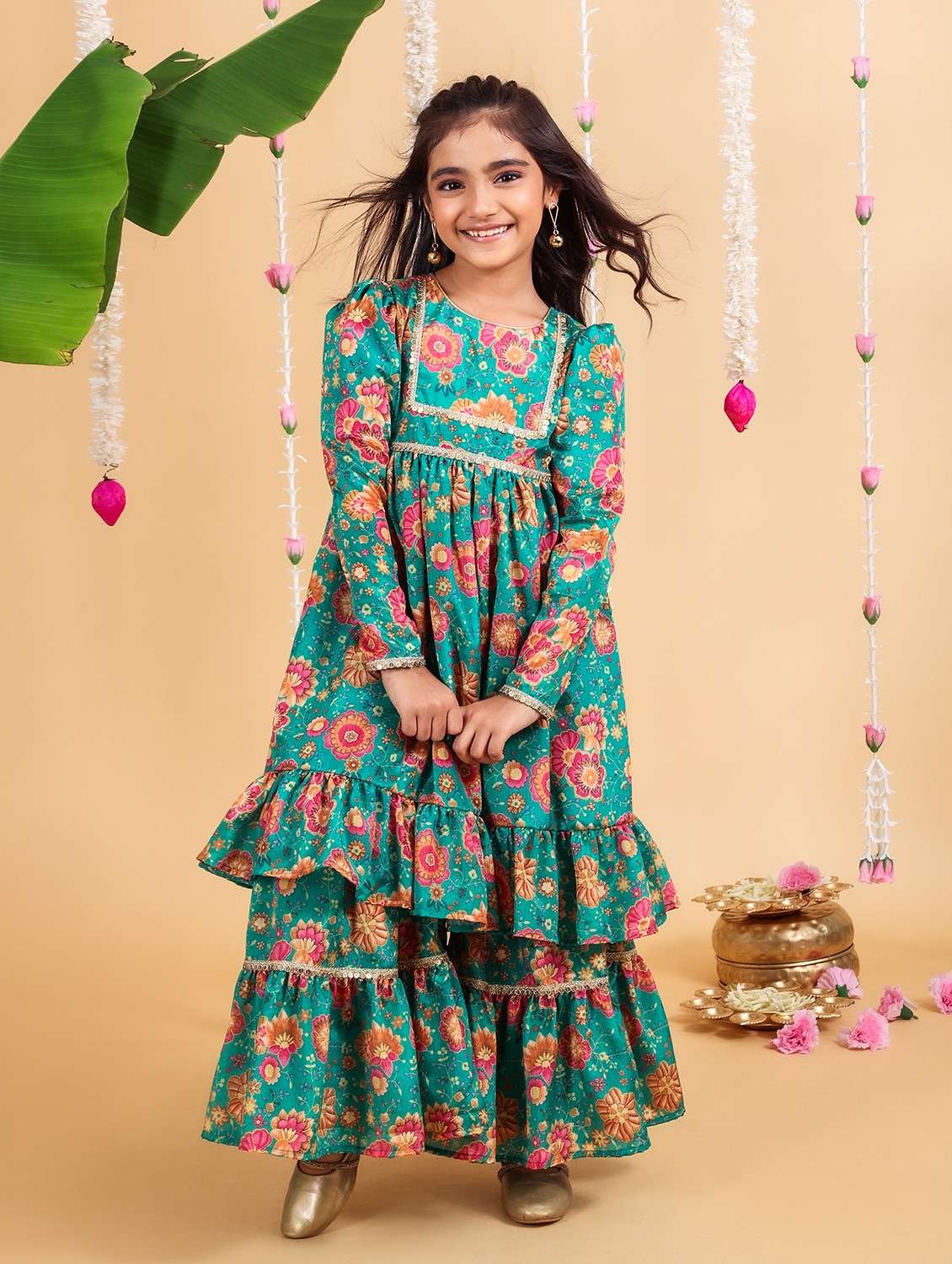 Girls Floral Round Neck Kurta Sharara Set 