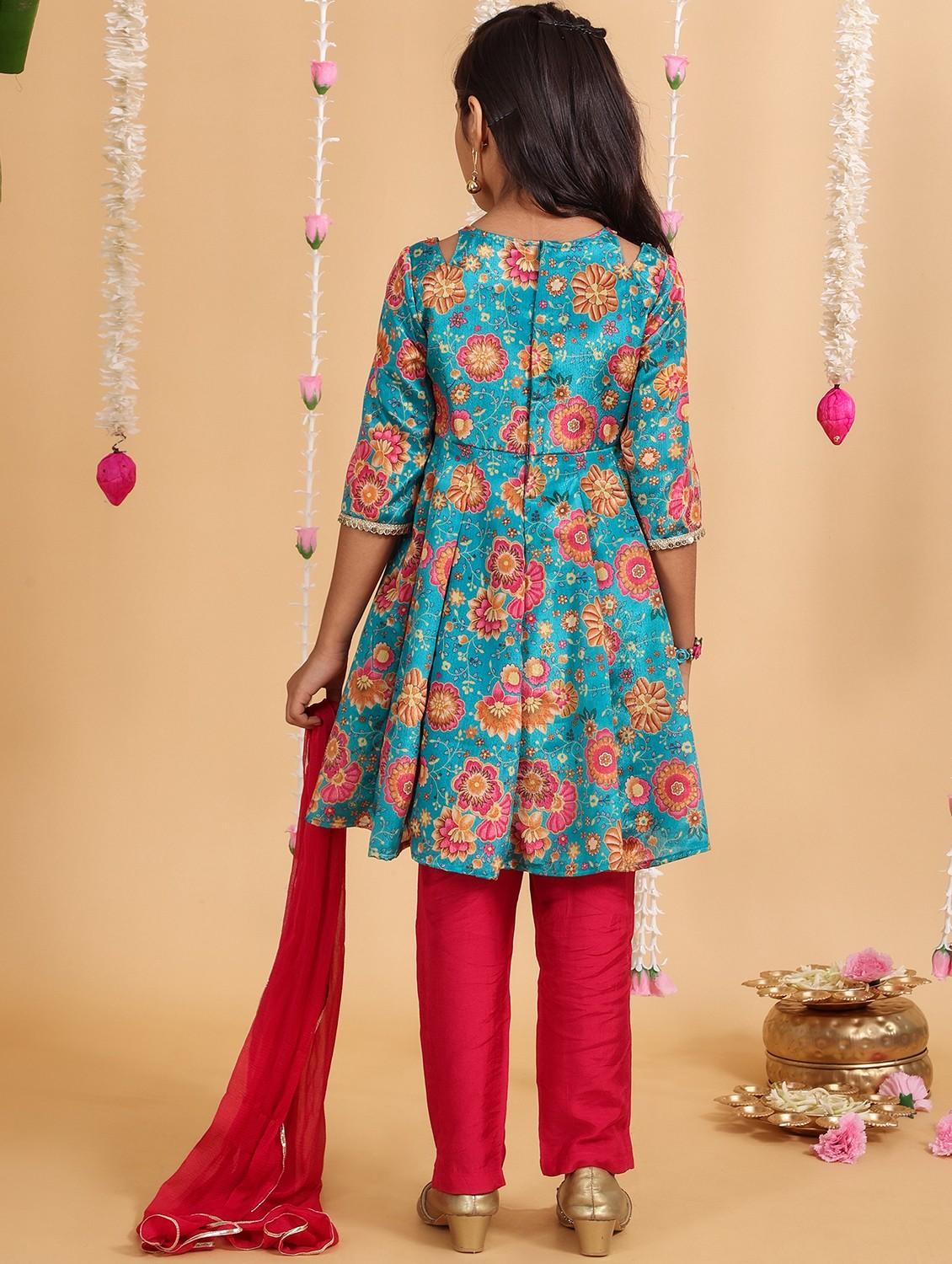 girls floral round neck kurta pant set with dupatta - 21729427 - Standard Image - 3