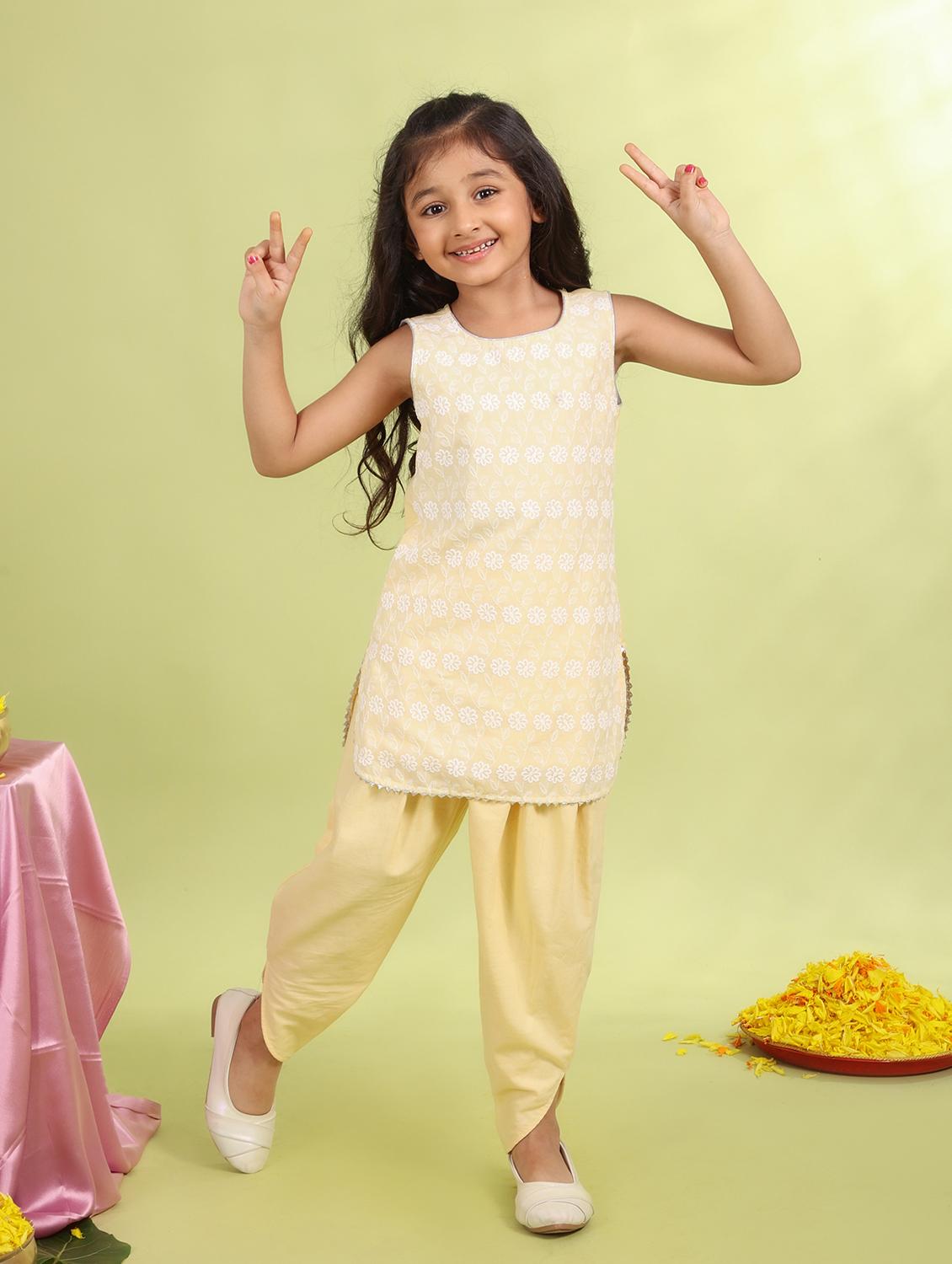 girls embroidered round neck dhoti kurta set