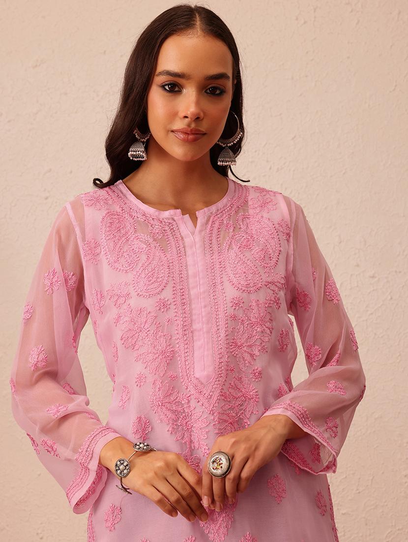 women chikankari work notch neck straight kurta - 21729628 - Standard Image - 3